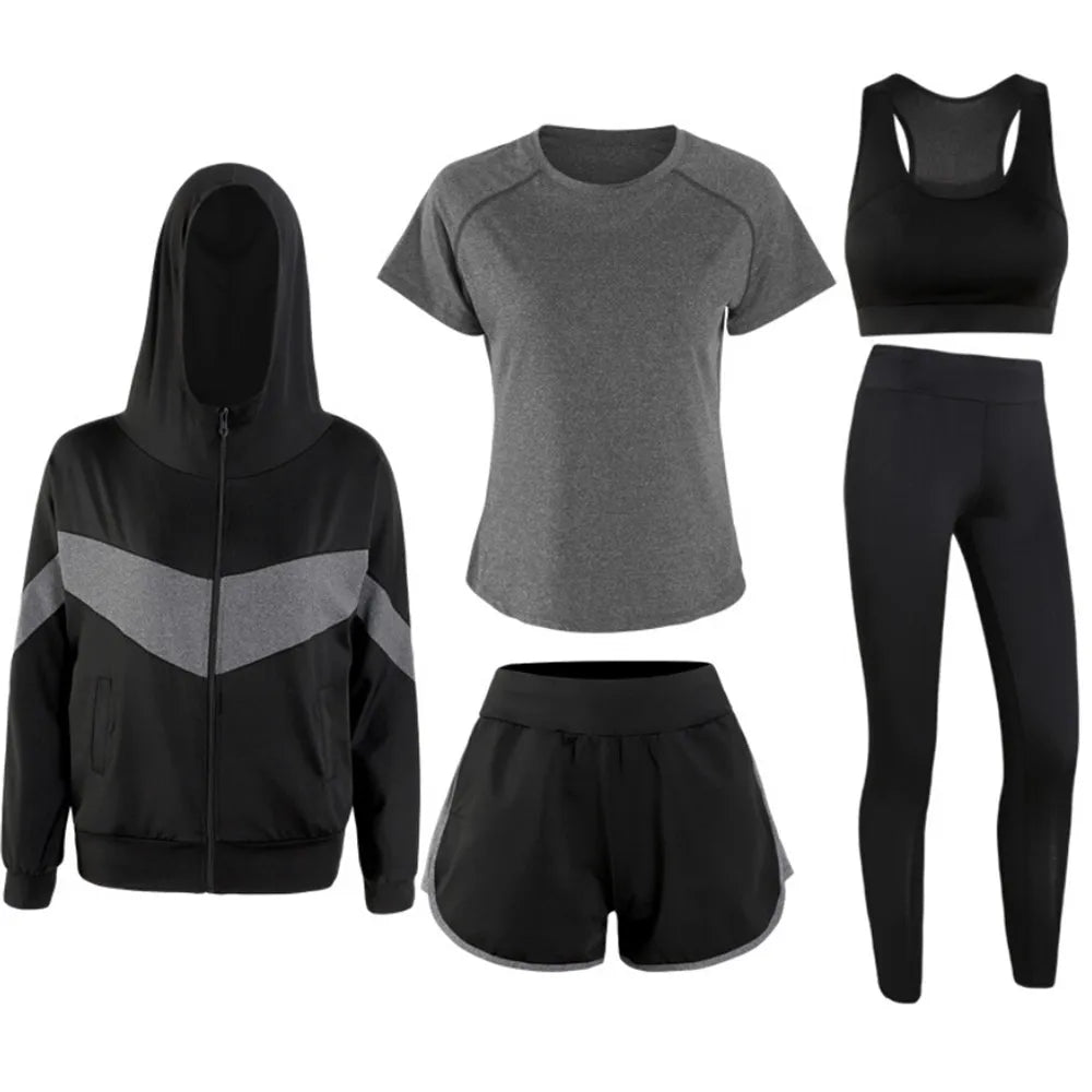 2020 Sportswear 5 piece set coats+t shirt+bra+shorts+pants quick dry fitness gym yoga sets outdoor running suits clothing