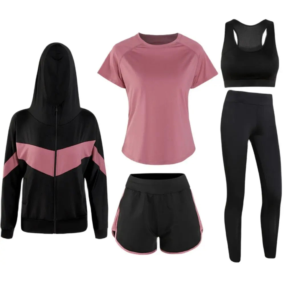 2020 Sportswear 5 piece set coats+t shirt+bra+shorts+pants quick dry fitness gym yoga sets outdoor running suits clothing