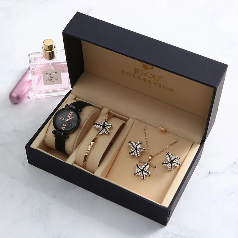 Luxury Brand Quartz Watch Women Watches Bracelet Earrings Necklace Watches 5Pcs Set Ladies Clock Female Wristwatch With Box