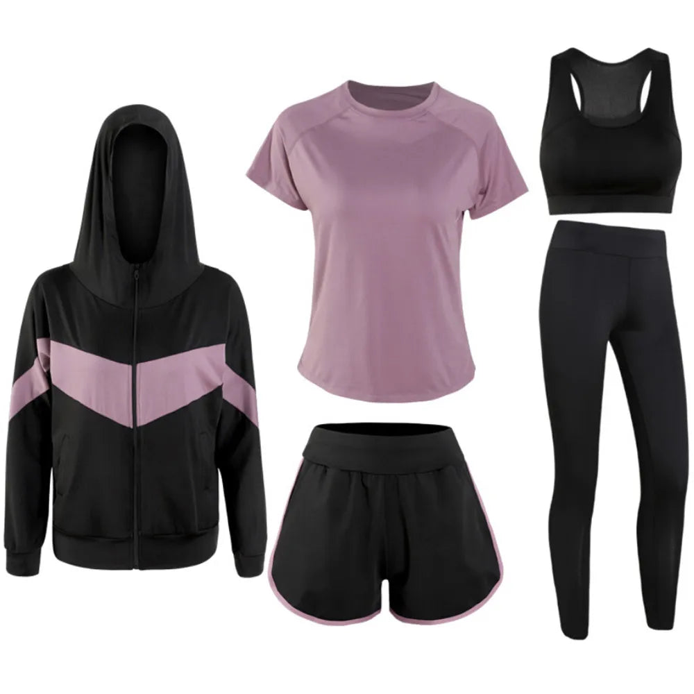 2020 Sportswear 5 piece set coats+t shirt+bra+shorts+pants quick dry fitness gym yoga sets outdoor running suits clothing