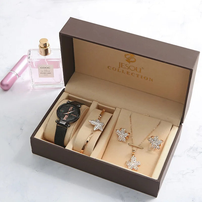 Luxury Brand Quartz Watch Women Watches Bracelet Earrings Necklace Watches 5Pcs Set Ladies Clock Female Wristwatch With Box