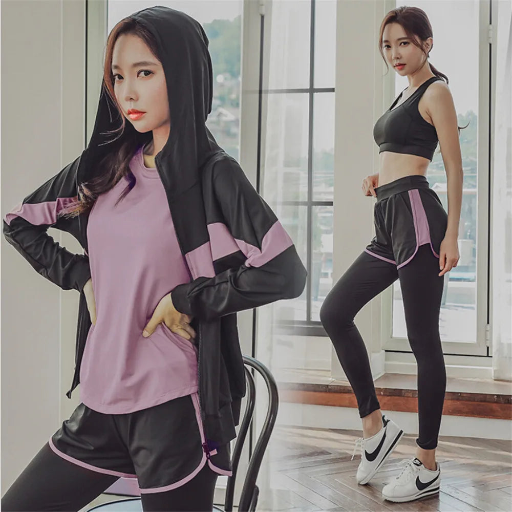 2020 Sportswear 5 piece set coats+t shirt+bra+shorts+pants quick dry fitness gym yoga sets outdoor running suits clothing