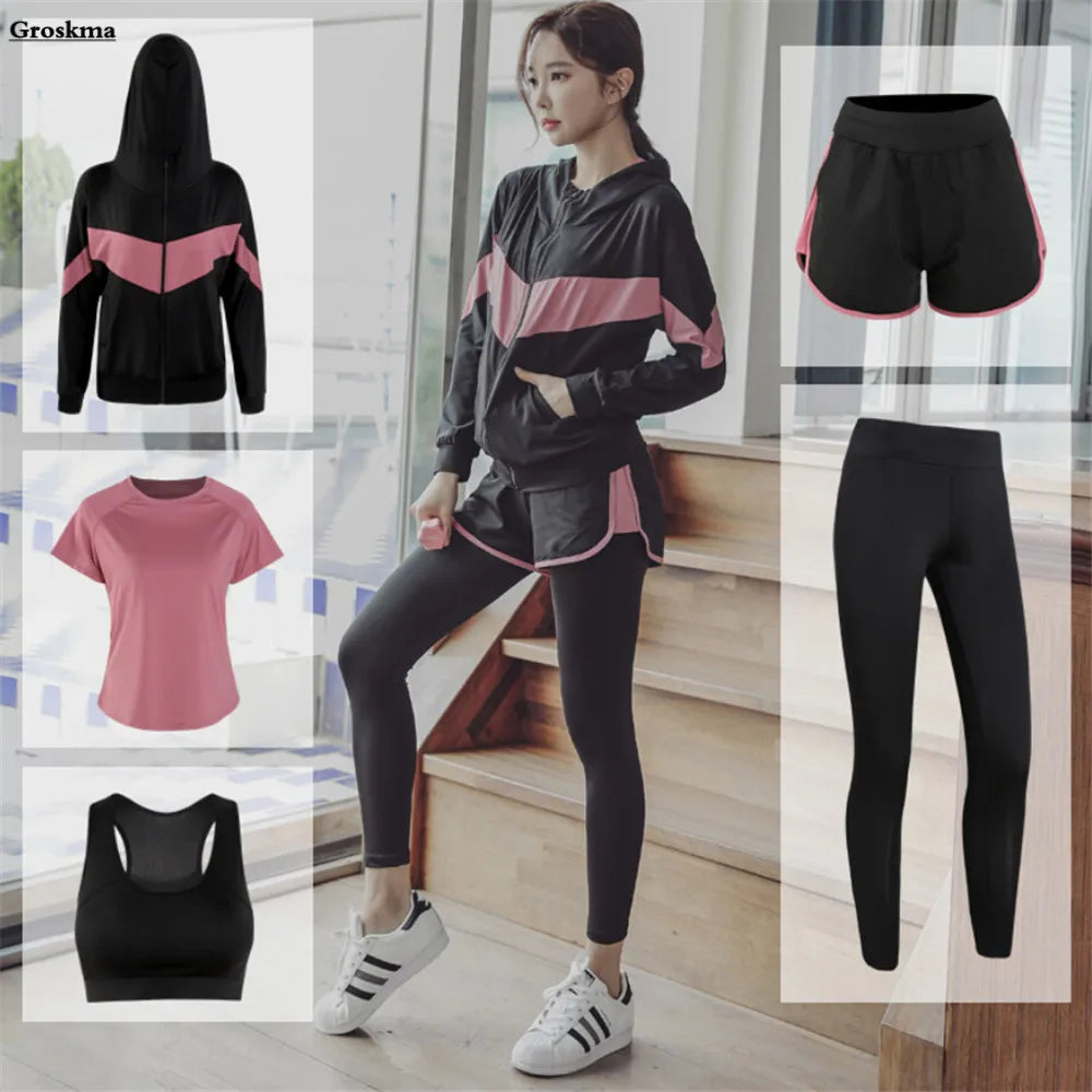 2020 Sportswear 5 piece set coats+t shirt+bra+shorts+pants quick dry fitness gym yoga sets outdoor running suits clothing