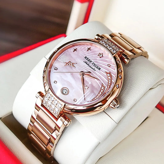 Reef Tiger/RT 2021Top Brand Luxury Women Watch Rose Gold Ladies Diamond Bracelet Watches Date Relogio Feminino Gift RGA1592