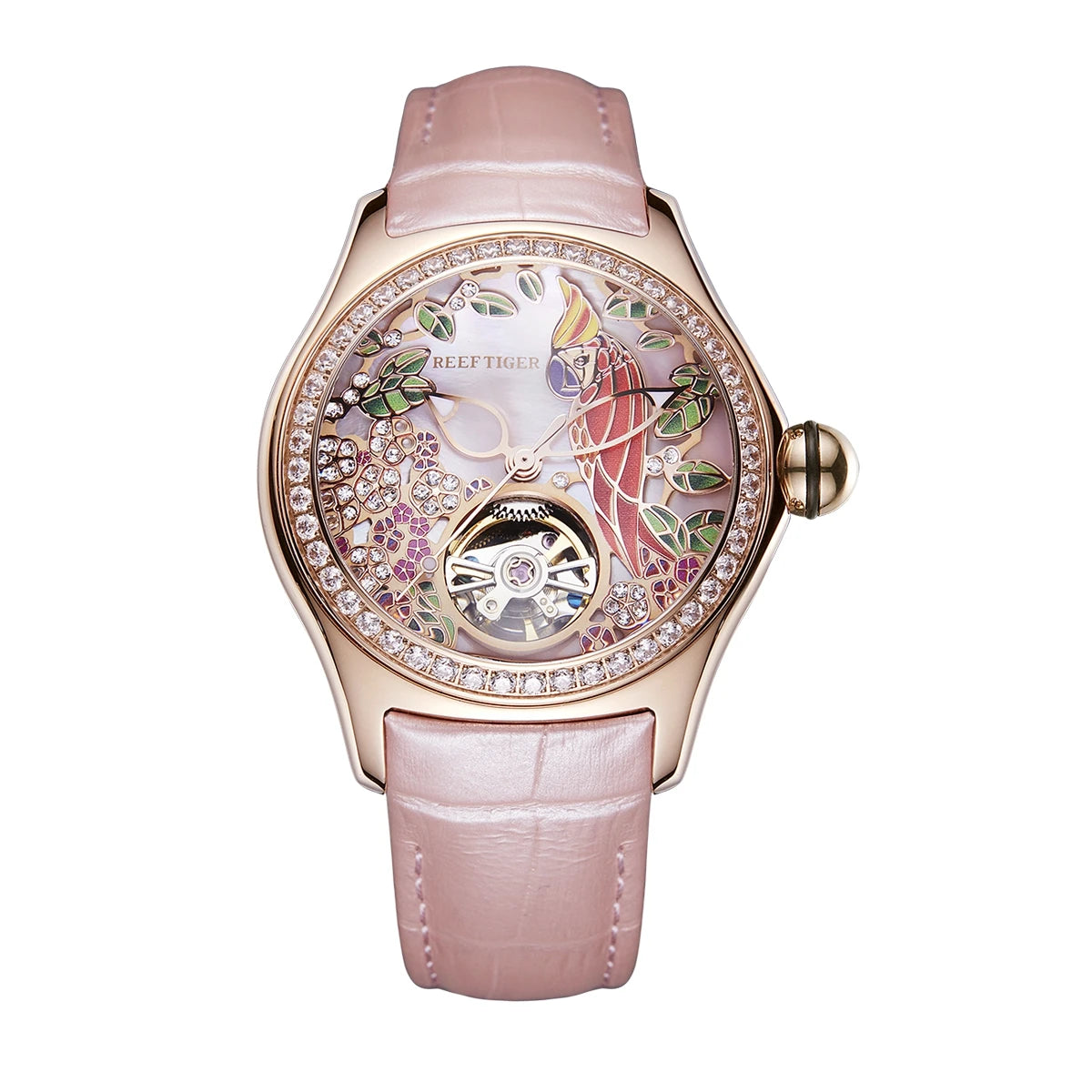 Reef Tiger Women Automatic Watches Luxury Ladies Fashion Watch Mechanical Wristwatch Bubble Mirror Skeleton 3D Art Dial RGA7105