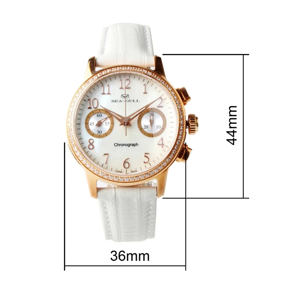 Seagull Rhinestones Bezel Mother of Pearl Dial White Genuine Leather Band Women Chronograph Watch 719.754L