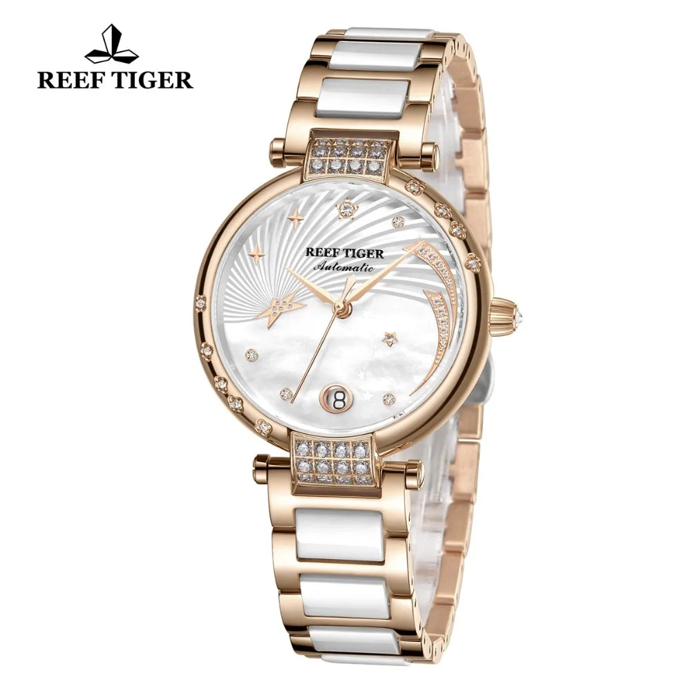 Reef Tiger/RT 2021Top Brand Luxury Women Watch Rose Gold Ladies Diamond Bracelet Watches Date Relogio Feminino Gift RGA1592