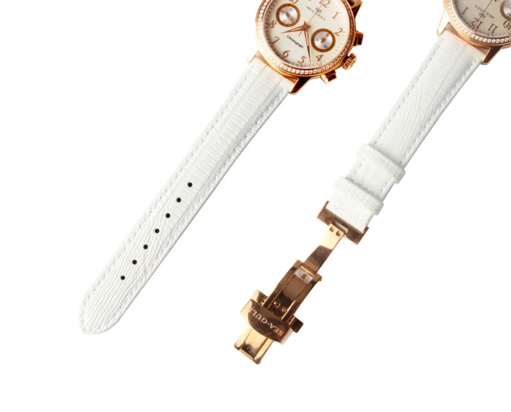 Seagull Rhinestones Bezel Mother of Pearl Dial White Genuine Leather Band Women Chronograph Watch 719.754L