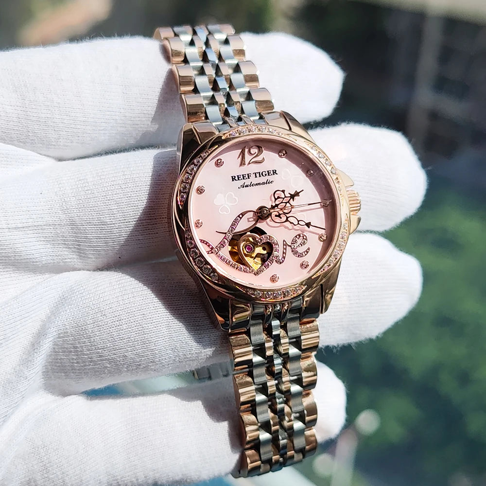 Reef Tiger/RT Luxury Automatic Flower Diamond Women Watch Rose Gold Waterproof Steel Bracelet Mechanical Gift Clock RGA1583