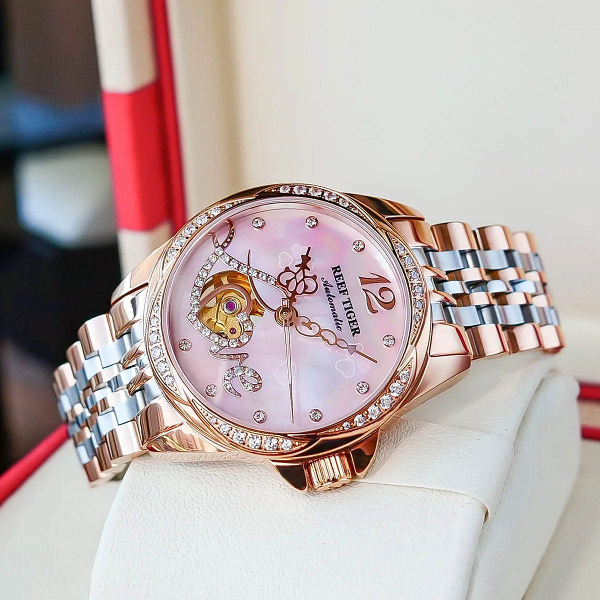 Reef Tiger/RT Luxury Automatic Flower Diamond Women Watch Rose Gold Waterproof Steel Bracelet Mechanical Gift Clock RGA1583