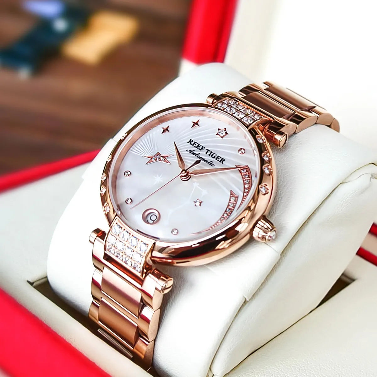 Reef Tiger/RT 2021Top Brand Luxury Women Watch Rose Gold Ladies Diamond Bracelet Watches Date Relogio Feminino Gift RGA1592