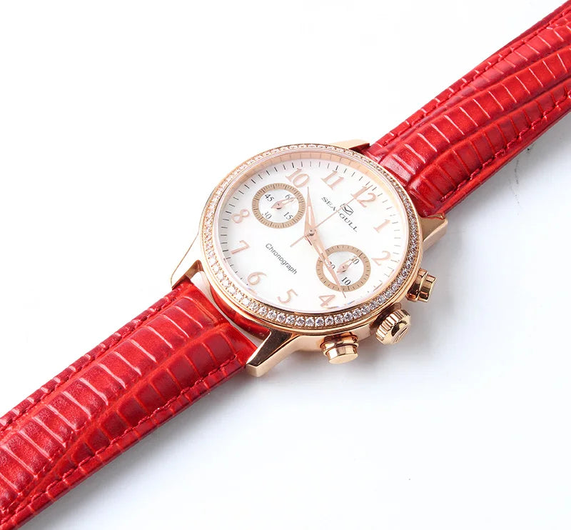 Seagull Rhinestones Bezel Mother of Pearl Dial White Genuine Leather Band Women Chronograph Watch 719.754L