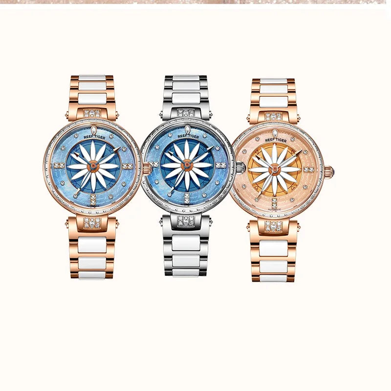 Reef Tiger/rt For Women Mechanical Watch Zircon Lady Automatic Wristwatch Petal Dial Ceramic Strap Sapphire New Relogio Feminino