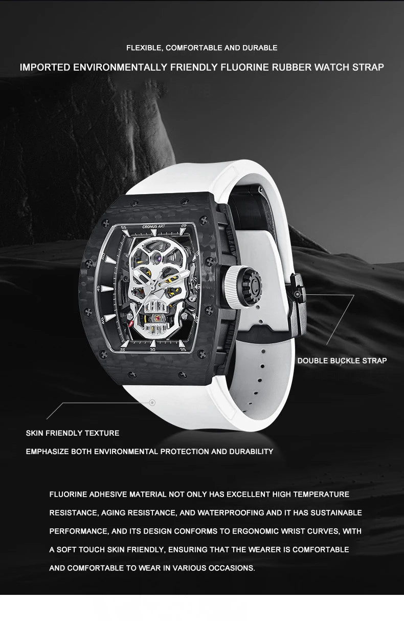 CRONUSART Men Automatic Watch Luxury Tonneau Mechanical Wristwatch Carbon Fibre Case Fluororubber Strap Skeleton Skull Dial