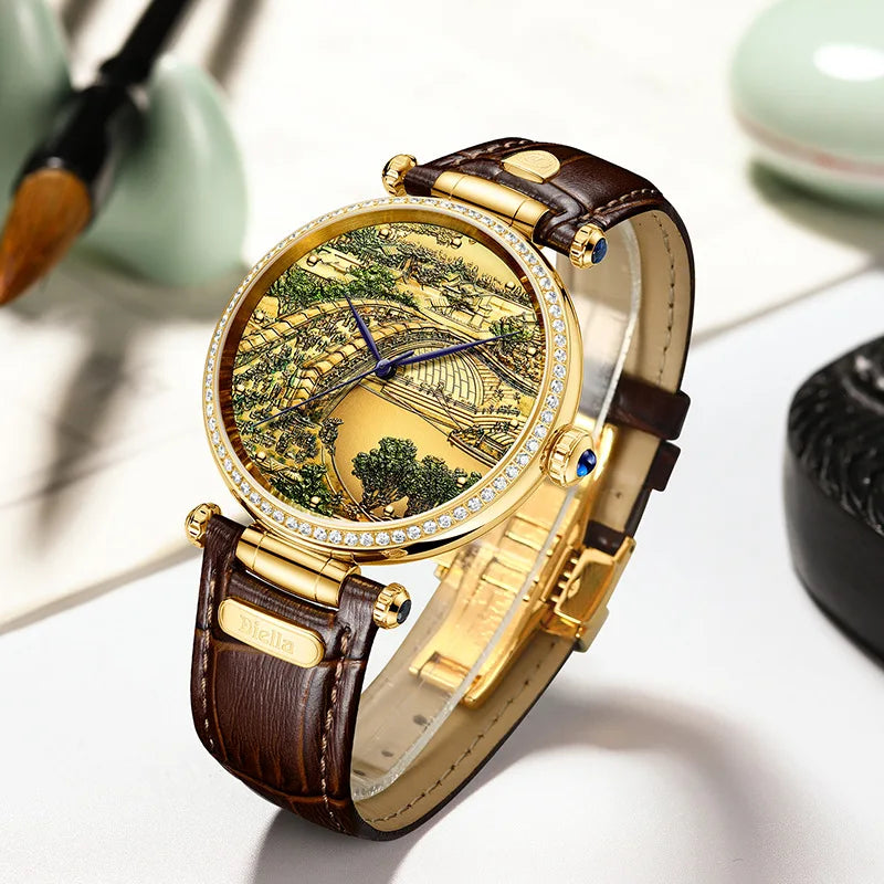 Top Luxury Pure Natural Jade Men Automatic Mechanical Watch Qingming River Map Sapphire Dial Leather Jade Women Wristwatch 2022