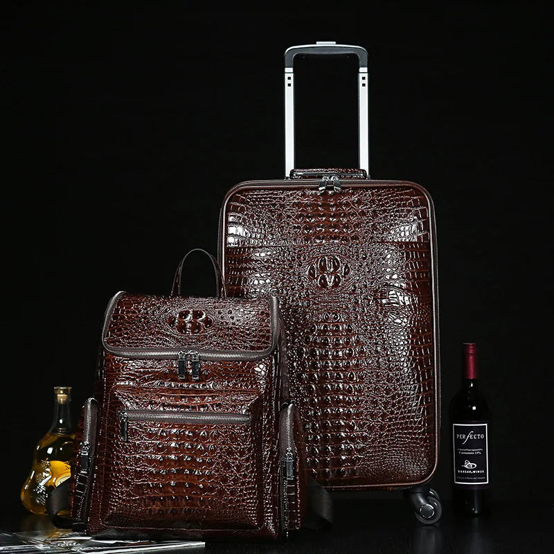 Genuine Leather crocodile pattern travel luggage with handbag backpack men's first layer cowhide trolley suitcase boarding case