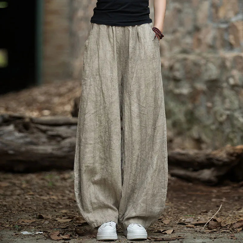 Elegant Women's Cotton Linen Baggy Cargo Pants Vintage Elastic Waist Yoga Trousers Loose Casual Long Wide Leg Clothes