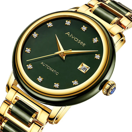 Top Luxury Jade Men's Watch Women Calendar Clock Fashion Retro Couple Jade Full Automatic Mechanical Wristwatches Waterproof