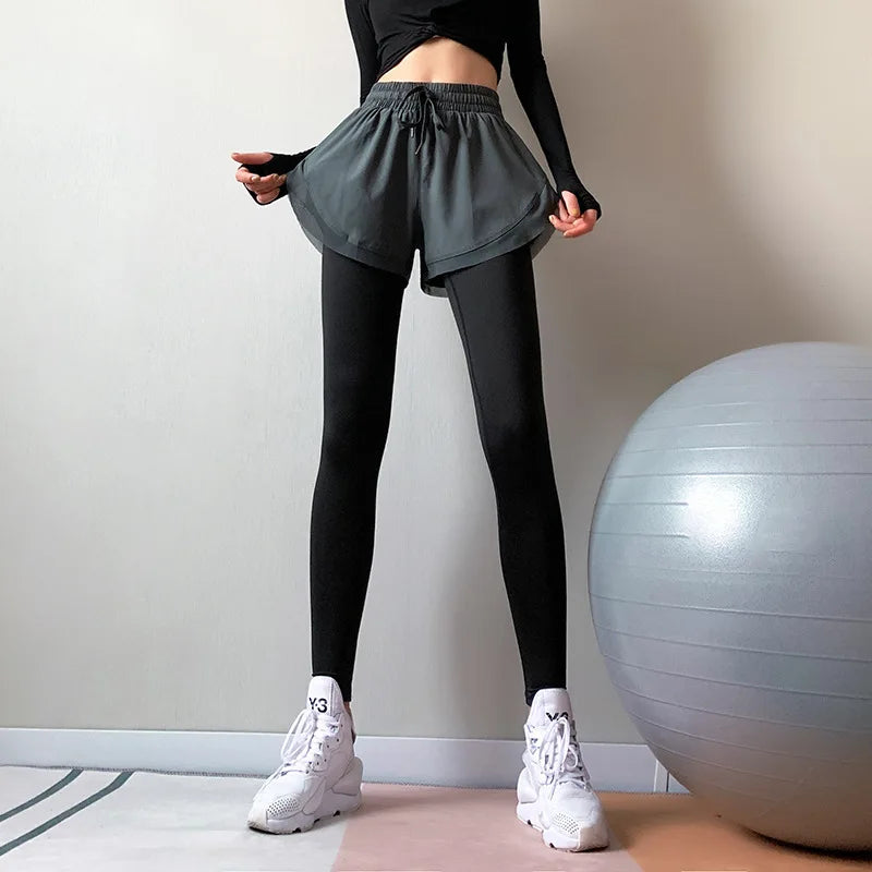 Fake two-piece fitness pants women's high-waisted elastic tight slimming look running yoga pants autumn and winter quick-drying