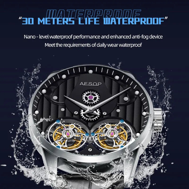 AESOP Luxury Skeleton Hollow Dual Tourbillon Wristwatches Men Sapphire Glass Leather Strap Gentleman Mechanical Waterproof Watch