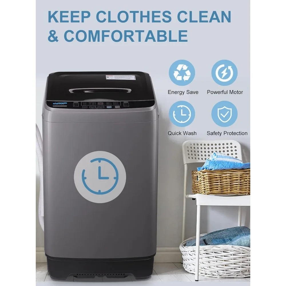 Full-Automatic Washing Machine 17.7 lbs Small Compact Portable 10 Wash Program 8 Water Level Compact Washer, Camping, Grey