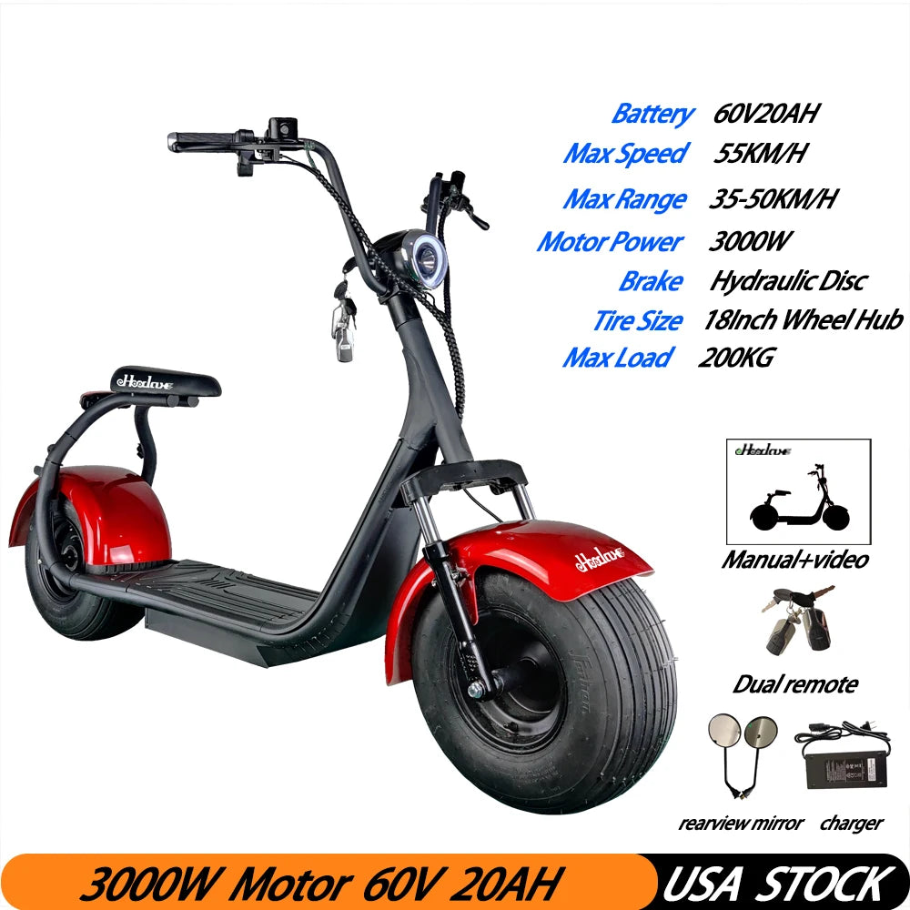 Two Wheels Big Tire Trike Adult Tricycle Citycoco 2 Wheel Electric Scooter 3000W Fat Bike Tire