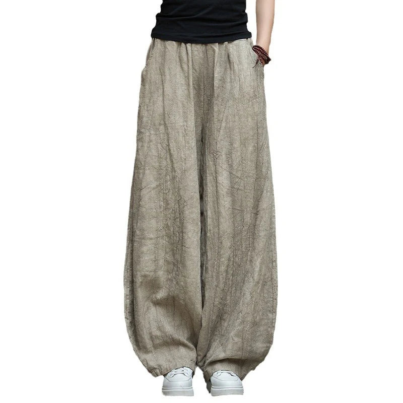 Elegant Women's Cotton Linen Baggy Cargo Pants Vintage Elastic Waist Yoga Trousers Loose Casual Long Wide Leg Clothes