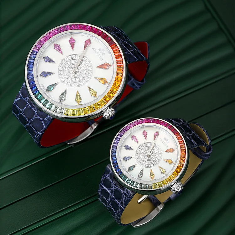 Custom luxury watch oem colorful gemstones stainless steel Quartz Watches for men and women