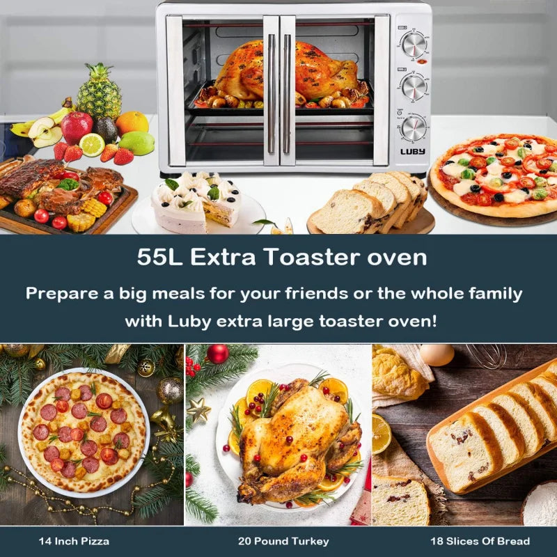 Large Toaster Oven Countertop, French Door Designed, 55L, 18 Slices, 14'' pizza, 20lb Turkey, Silver