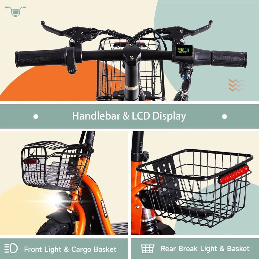 48V 624WH Lithium-ion Battery 750W Peak Power Folding Electric Bike 10" Fat Tire eBike Electric Scooters for Adults，Orange