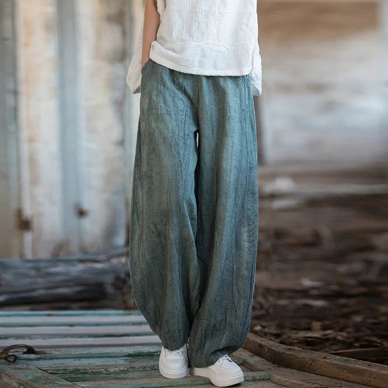 Elegant Women's Cotton Linen Baggy Cargo Pants Vintage Elastic Waist Yoga Trousers Loose Casual Long Wide Leg Clothes