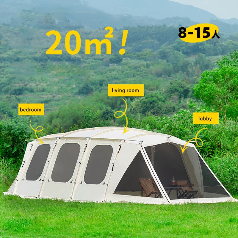 Big Family Glamping Double Layer Bed  Tunnel Group Tent For Camping With Sun Canopy