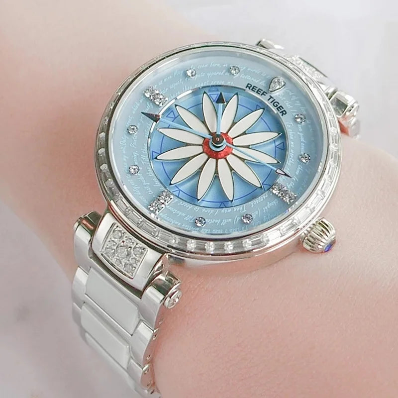 Reef Tiger/rt For Women Mechanical Watch Zircon Lady Automatic Wristwatch Petal Dial Ceramic Strap Sapphire New Relogio Feminino