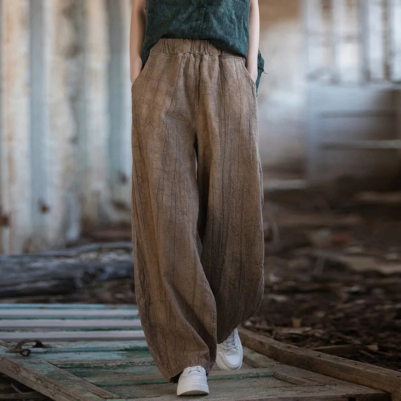 Elegant Women's Cotton Linen Baggy Cargo Pants Vintage Elastic Waist Yoga Trousers Loose Casual Long Wide Leg Clothes