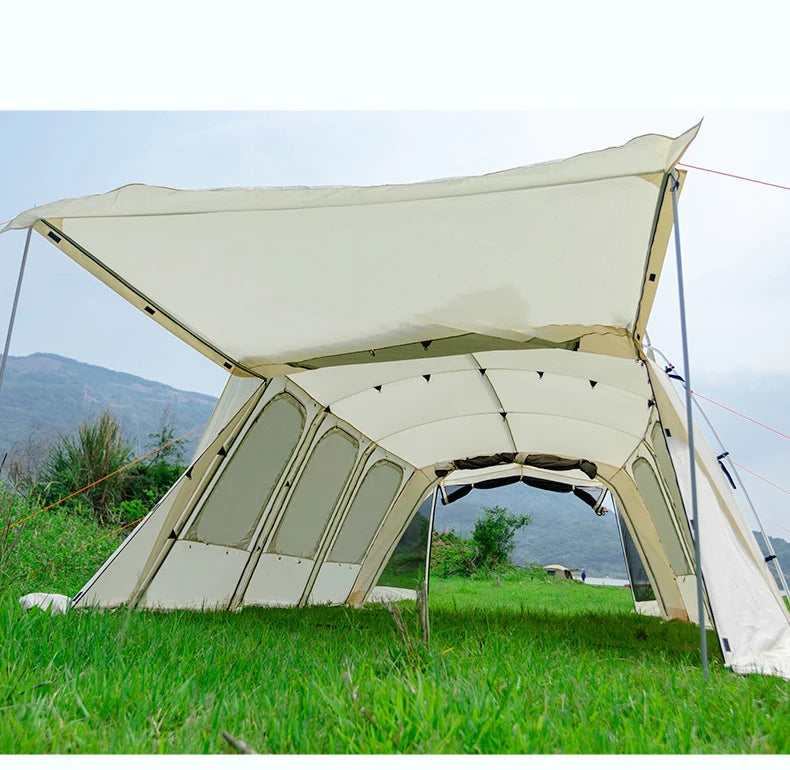 Big Family Glamping Double Layer Bed  Tunnel Group Tent For Camping With Sun Canopy