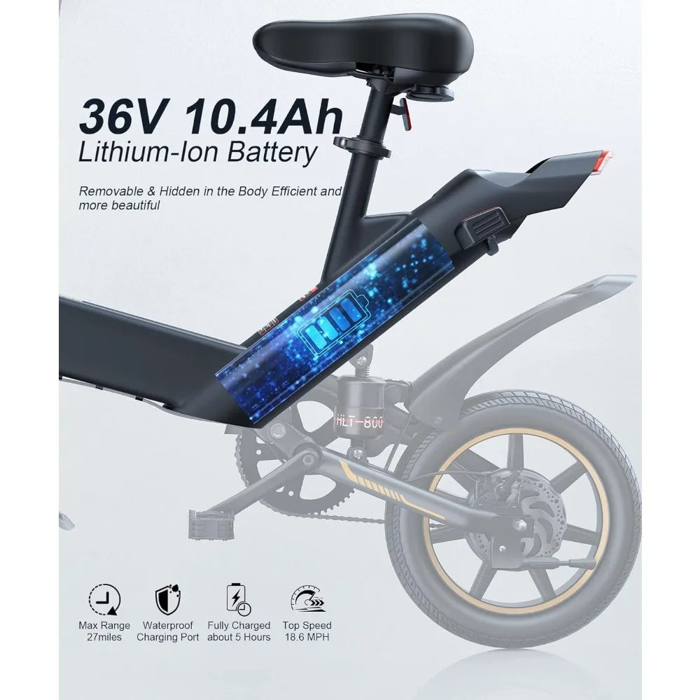 Electric Bike, Electric Bicycle with 18.5MPH, 14" Waterproof Folding Mini Bikes with 374.4WH Battery, Dual Disc Brakes