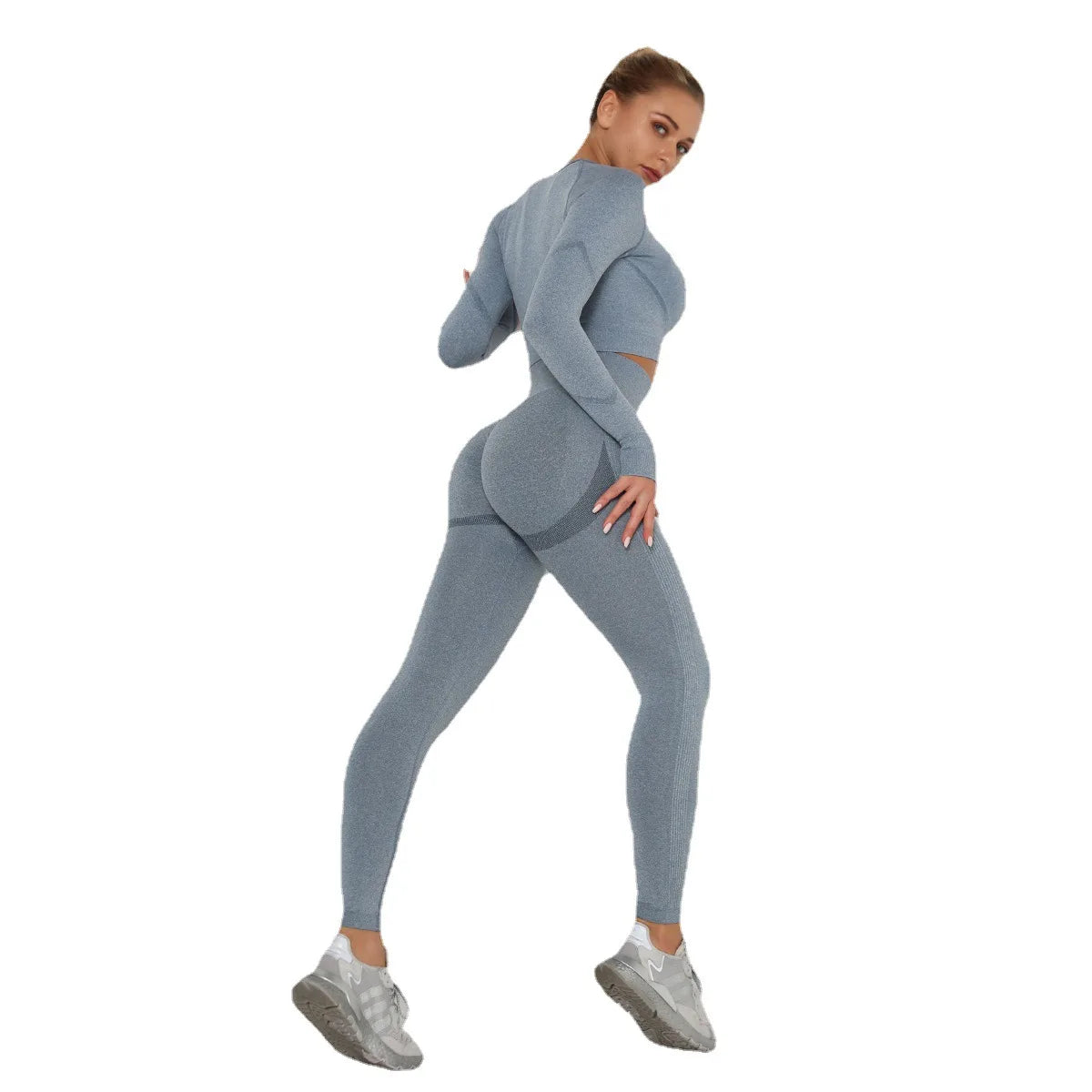 Wrinkled seamless yoga suit for women with high waisted peach tight fitting sports long sleeved fitness yoga pants