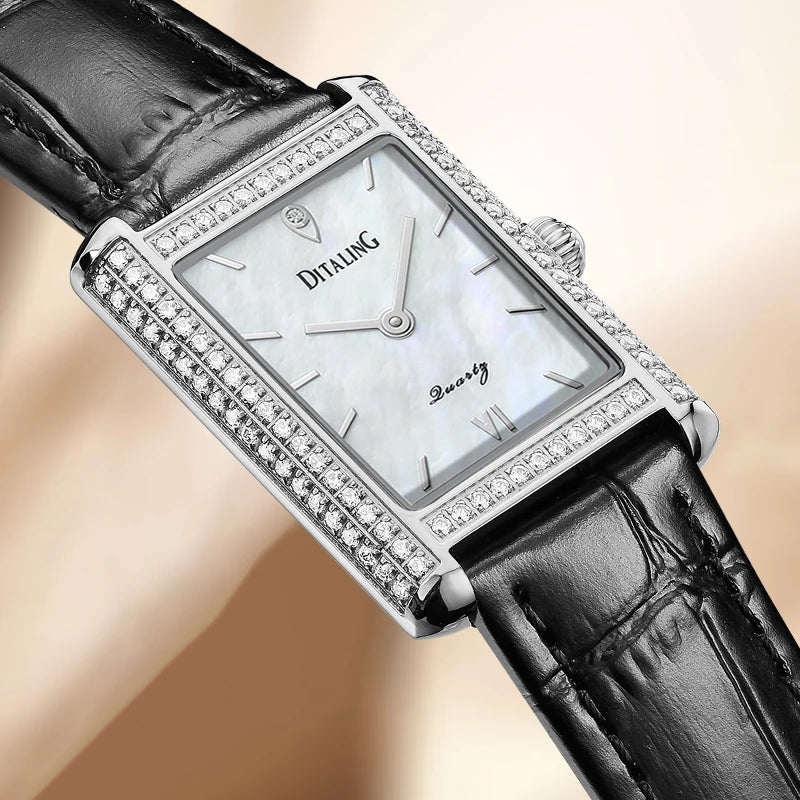 DITALING Leather Square Quartz Wrist for Women Luxury Diamonds Surround Fashion Watch Clock Ultra Thin Classic Ladies Watch 1221