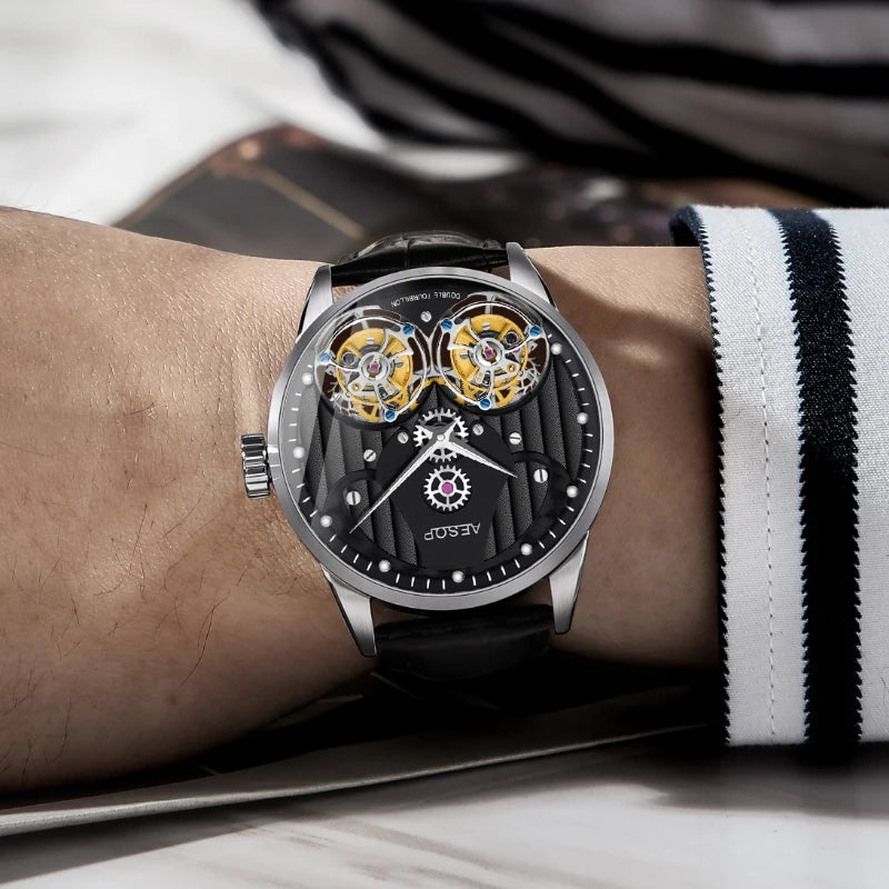 AESOP Luxury Skeleton Hollow Dual Tourbillon Wristwatches Men Sapphire Glass Leather Strap Gentleman Mechanical Waterproof Watch