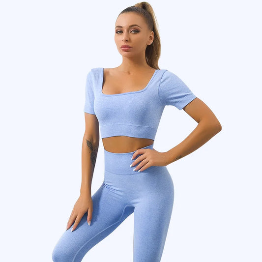 Classic Design Gym Clothing U Neck Short Sleeve Crop Tops Female Legging Pants Workout Set Women