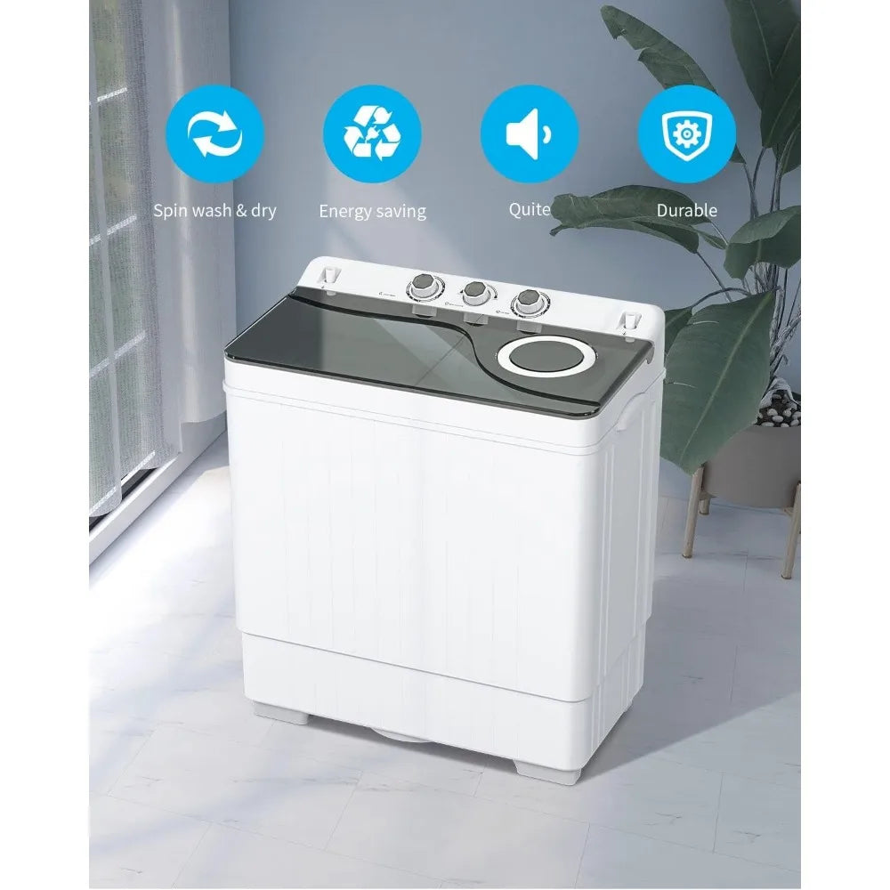 26lbs Compact Twin Tub Portable Washing Machine, Mini Washer(18lbs) & Spiner(8lbs) / Built-in Drain Pump/Semi-Automatic