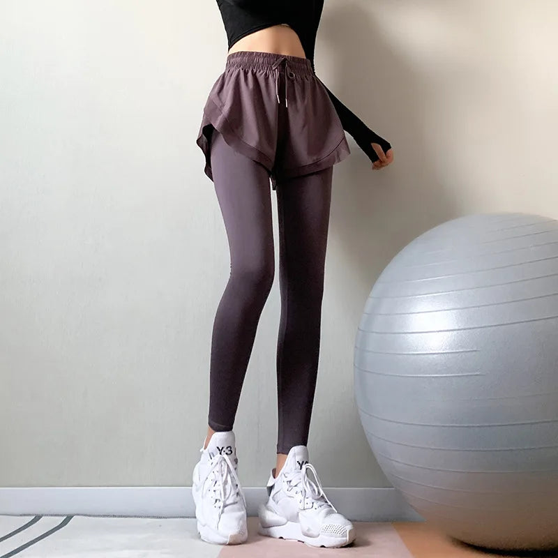 Fake two-piece fitness pants women's high-waisted elastic tight slimming look running yoga pants autumn and winter quick-drying