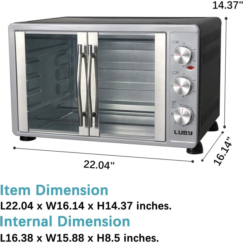 Large Toaster Oven Countertop, French Door Designed, 55L, 18 Slices, 14'' pizza, 20lb Turkey, Silver