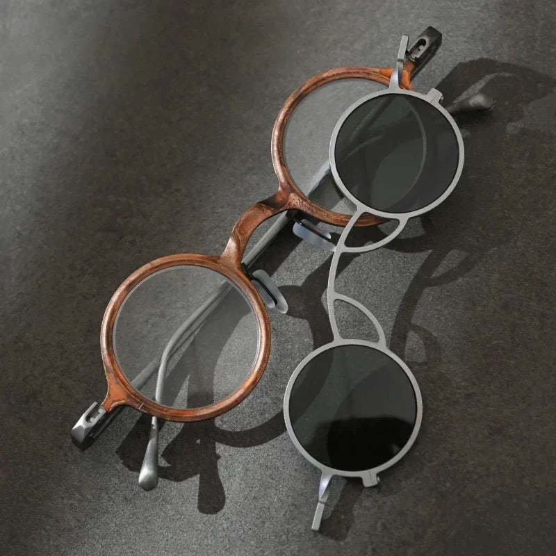 Retro Round Glasses for Men High-quality Handmade Brass Pure Titanium Avant-garde Magnetic Clip Women's Fashion Sunglasses