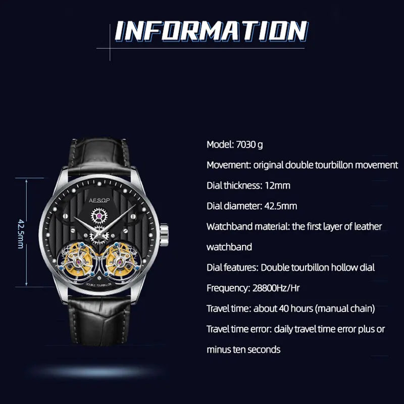 AESOP Luxury Skeleton Hollow Dual Tourbillon Wristwatches Men Sapphire Glass Leather Strap Gentleman Mechanical Waterproof Watch