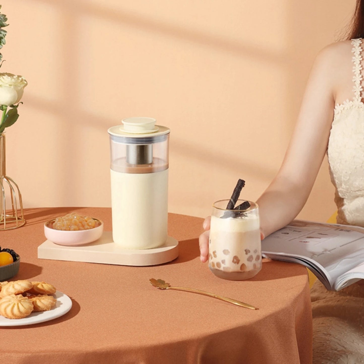 NEW Small Multifunctional Office Coffee Machine with Flower Fruit Tea Milk Foam Stirring - Perfect for Making Milk Tea