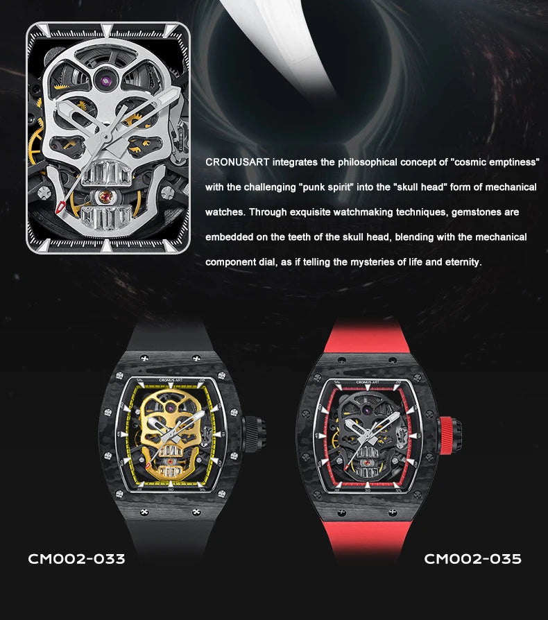 CRONUSART Men Automatic Watch Luxury Tonneau Mechanical Wristwatch Carbon Fibre Case Fluororubber Strap Skeleton Skull Dial