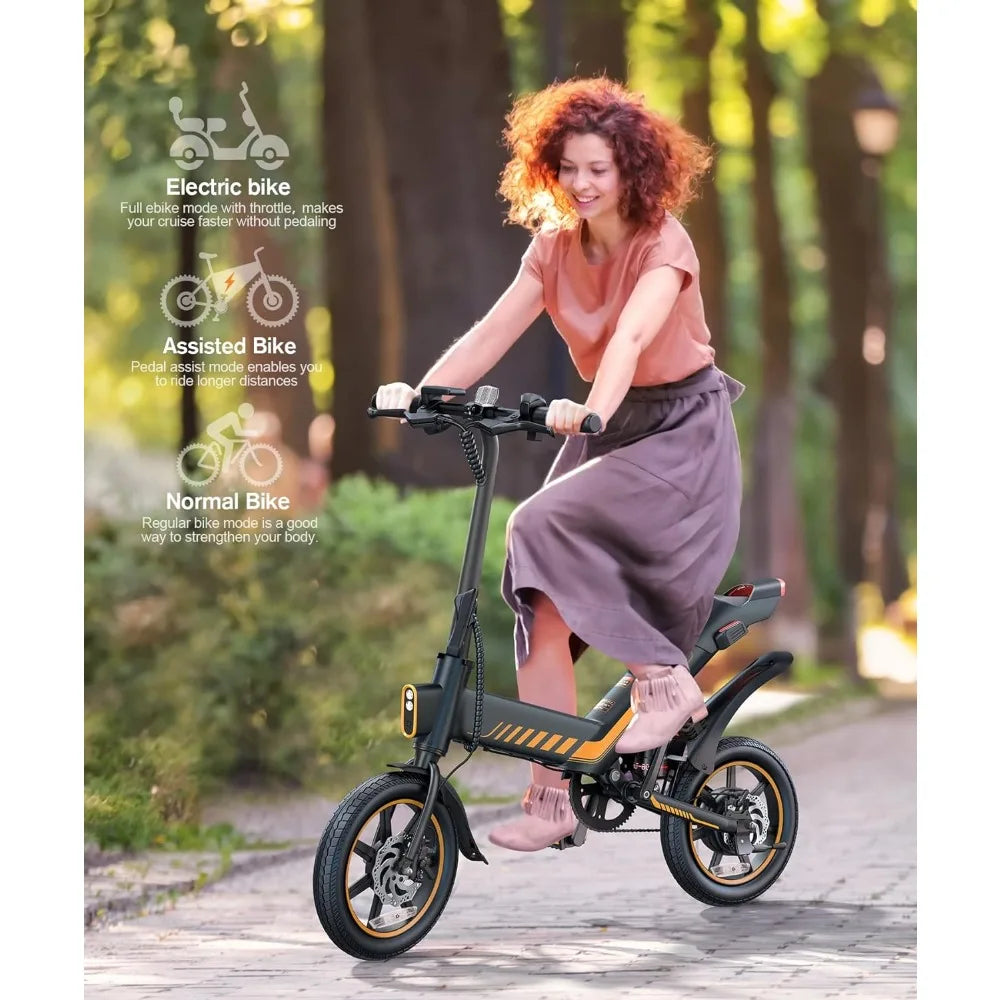 Electric Bike, Electric Bicycle with 18.5MPH, 14" Waterproof Folding Mini Bikes with 374.4WH Battery, Dual Disc Brakes