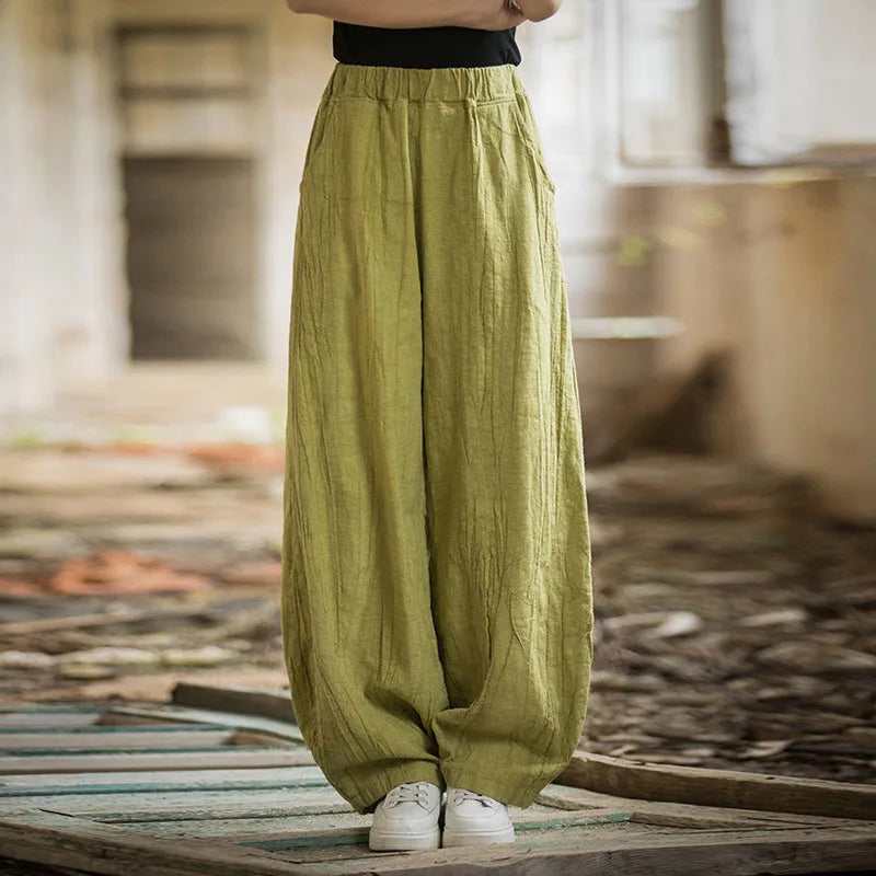 Elegant Women's Cotton Linen Baggy Cargo Pants Vintage Elastic Waist Yoga Trousers Loose Casual Long Wide Leg Clothes