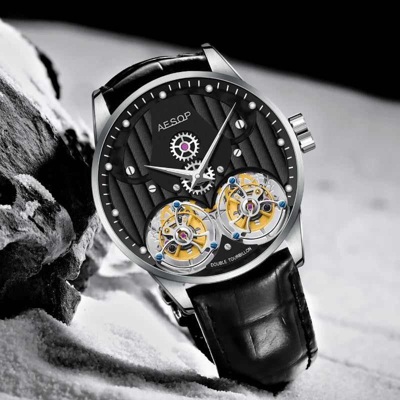 AESOP Luxury Skeleton Hollow Dual Tourbillon Wristwatches Men Sapphire Glass Leather Strap Gentleman Mechanical Waterproof Watch